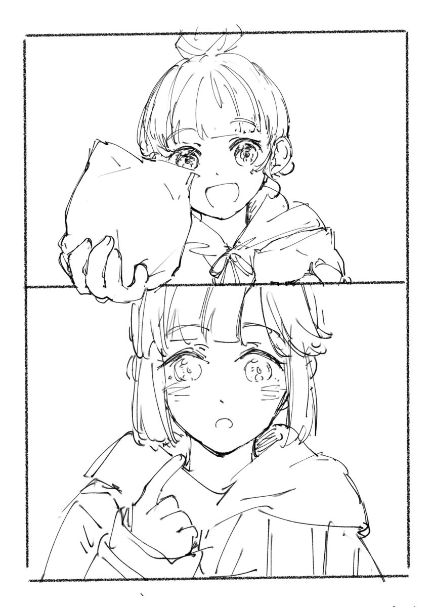 2girls :d :o ahoge anyoji_hime blunt_bangs center-flap_bangs food giving greyscale hair_bun hair_ribbon highres holding holding_food hood hoodie jacket kachimachi_kosuzu kachimachi_kosuzu_(compass_casual) l9525 link!_like!_love_live! long_hair love_live! monochrome multi-tied_hair multiple_girls official_alternate_costume open_clothes open_jacket open_mouth pointing pointing_at_self ponytail ribbon short_hair sidelocks single_hair_bun smile split_mouth swept_bangs virtual_youtuber