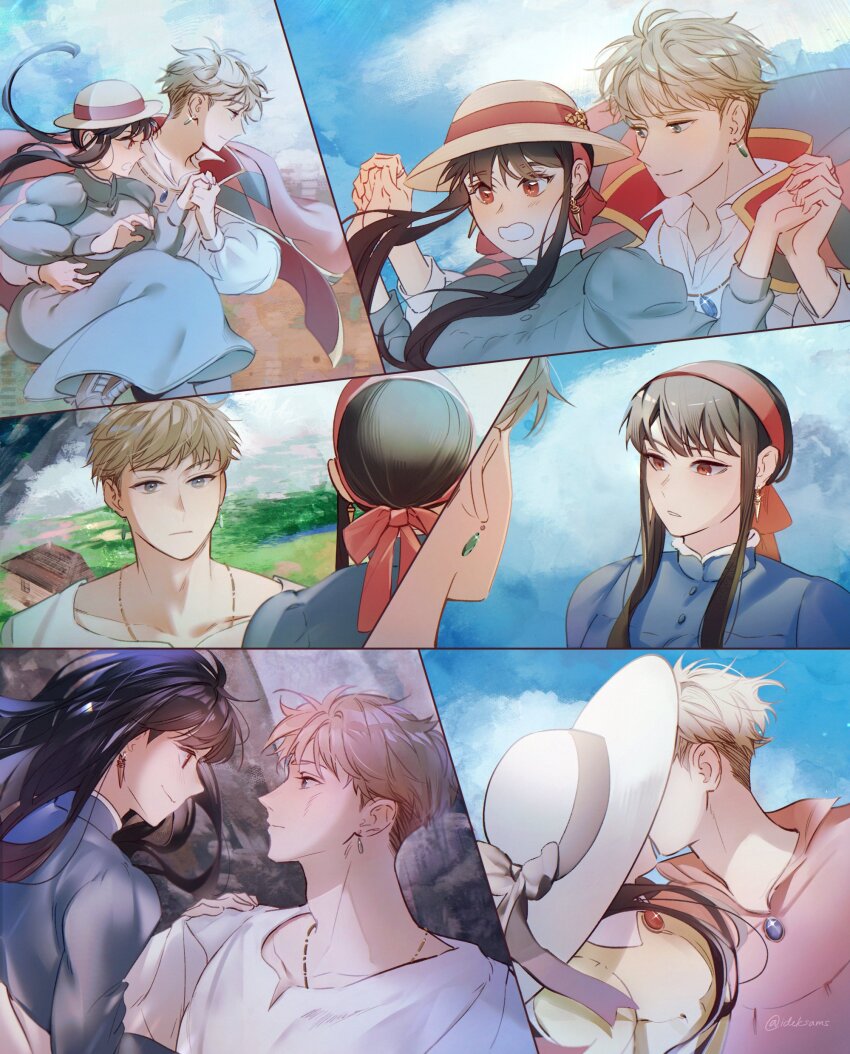 1boy 1girl absurdres black_hair blonde_hair blush braid breasts cosplay couple dress earrings gold_earrings hairband hat hetero highres holding_hands howl_no_ugoku_shiro howl_pendragon howl_pendragon_(cosplay) husband_and_wife ideksams jewelry large_breasts long_hair long_sleeves open_mouth parody red_eyes shirt short_hair sidelocks smile sophie_hatter sophie_hatter_(cosplay) spy_x_family twilight_(spy_x_family) white_shirt yor_briar