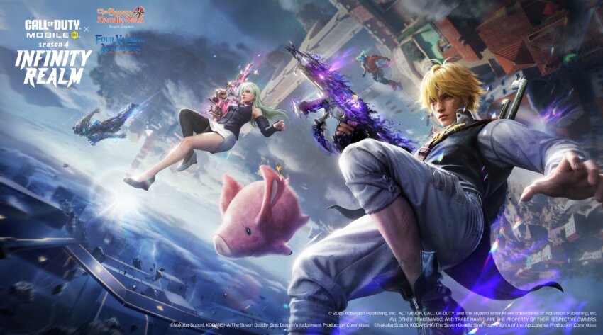 asymmetrical_footwear black_thighhighs blonde_hair call_of_duty call_of_duty:_mobile copyright_name elizabeth_liones hair_over_one_eye hawk_(nanatsu_no_taizai) highres holding holding_weapon long_hair meliodas mismatched_footwear nanatsu_no_taizai official_art pig promotional_art realistic shirt single_thighhigh skirt tagme thighhighs weapon white_skirt