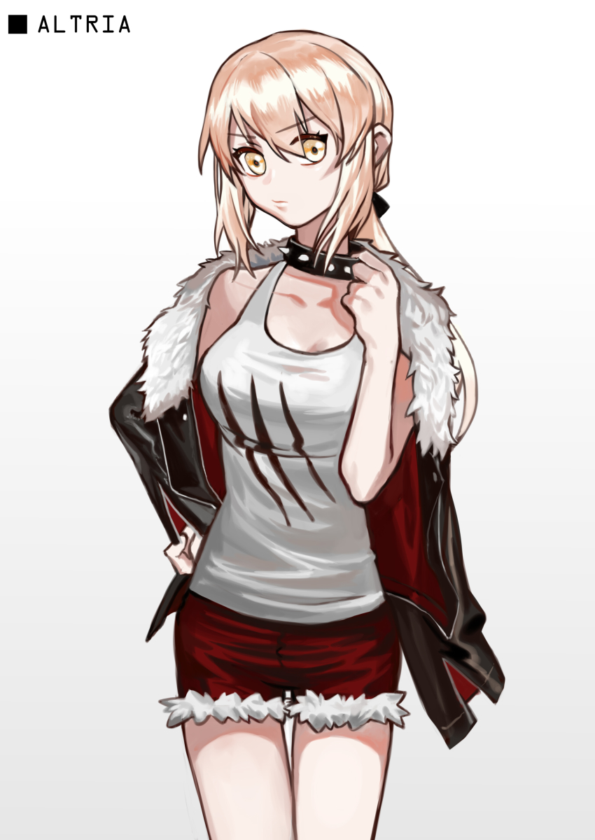 1girl absurdres arknights artoria_pendragon_(fate) blonde_hair breasts character_name collar cosplay fate/grand_order fate/stay_night fate_(series) female_focus five-fall fur_trim hair_between_eyes hand_on_own_hip highres jacket looking_at_viewer ponytail saber_alter shorts siege_(arknights) siege_(arknights)_(cosplay) solo spiked_collar spikes tank_top voice_actor_connection yellow_eyes
