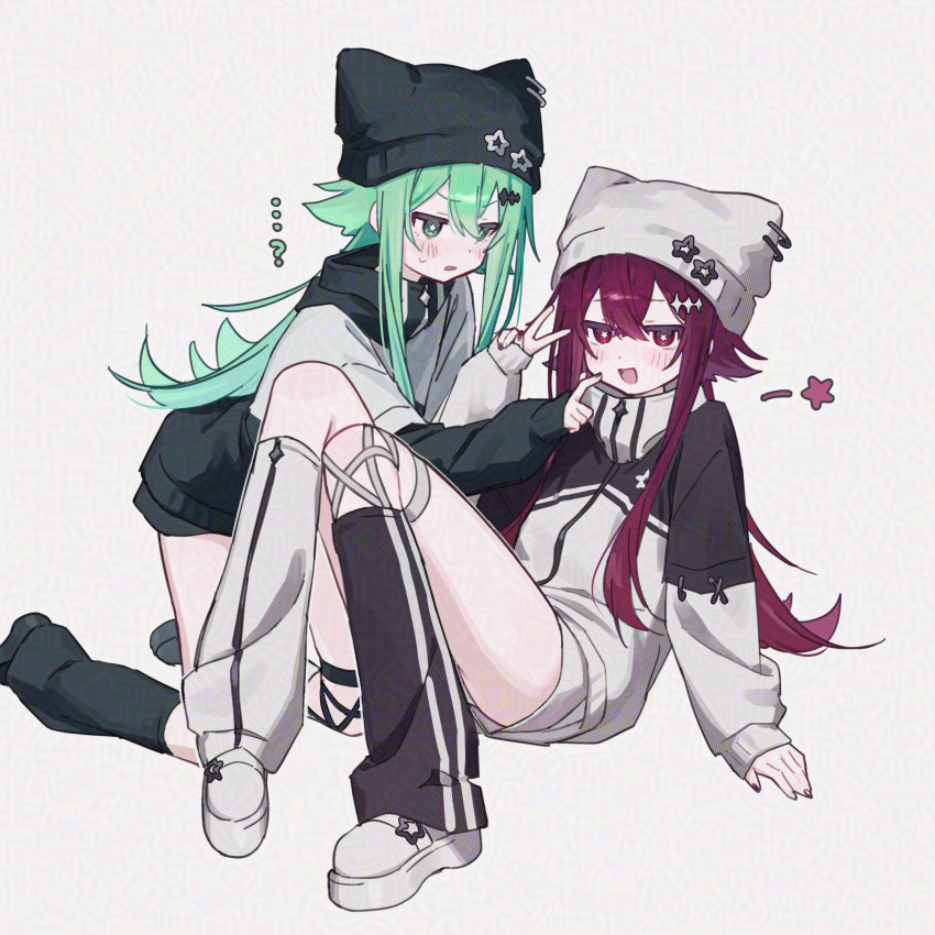 ... 2girls ? absurdres animal_ear_headwear animal_hat arm_support asymmetrical_legwear black_hat black_jacket black_leg_warmers black_shorts cat_hat confused convenient_leg fake_animal_ears flipped_hair full_body green_eyes green_hair hair_between_eyes hair_flaps hat hat_ornament hat_pin highres jacket jitome kneeling leaning_forward leg_warmers long_hair looking_at_another looking_at_viewer mismatched_legwear multicolored_jacket multiple_girls namin_(anjpzaobmhbppxs) nanase_(namin) original parted_lips purple_eyes purple_hair shoes shorts sitting sleeves_past_wrists sparkle_hair_ornament star-shaped_pupils star_(symbol) star_hat_ornament symbol-shaped_pupils two-tone_jacket v very_long_hair watermark white_jacket white_leg_warmers white_shoes white_shorts