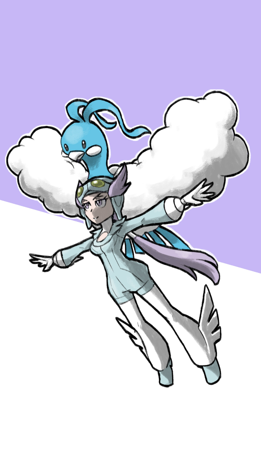 1girl altaria blacknirrow blue_background blue_helmet blue_shoes closed_mouth commentary english_commentary eyelashes flying gen_3_pokemon gloves goggles goggles_on_headwear helmet highres long_hair nintendo outline outstretched_arms pokemon pokemon_(creature) pokemon_oras purple_eyes purple_hair shoes simple_background spread_arms two-tone_background white_background white_gloves white_outline winona_(pokemon)