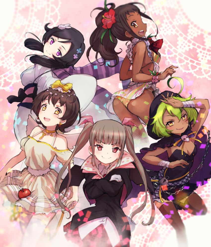 &gt;:) 5girls :d absurdres ahoge apple black_hair bow breasts brown_hair rabbit_hair_ornament cleavage crossed_arms dark_skin dark-skinned_female dress fang fang_out fantasista_doll flower food fruit green_hair hair_bow hair_flower hair_ornament highres lock mole mole_under_eye multiple_girls nyama off-shoulder_dress off_shoulder open_mouth profile purple_eyes red_eyes skirt_basket smile twintails v-shaped_eyebrows