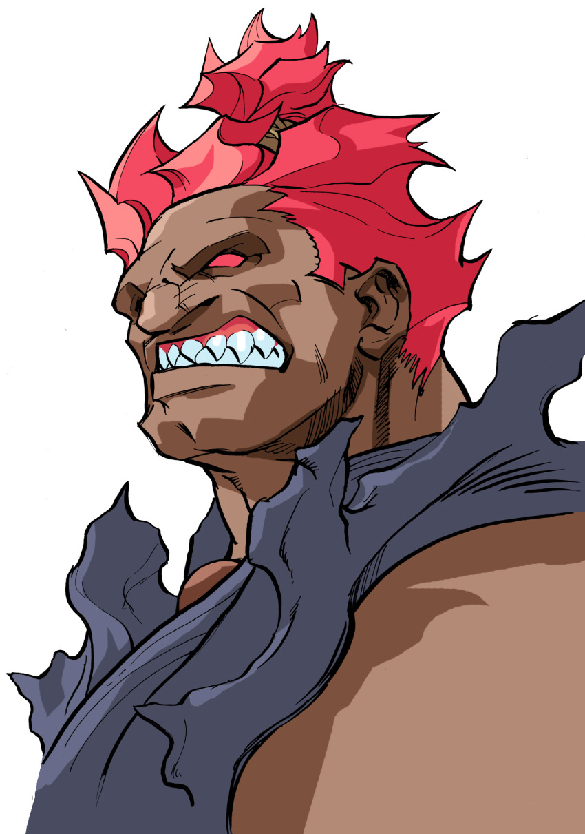 1boy akuma_(street_fighter) angry beads bengus clenched_teeth dougi game_cg highres male_focus muscular non-web_source official_art open_mouth portrait prayer_beads red_eyes red_hair sharp_teeth simple_background solo street_fighter street_fighter_zero_(series) teeth topknot torn_clothes torn_sleeves upper_body white_background