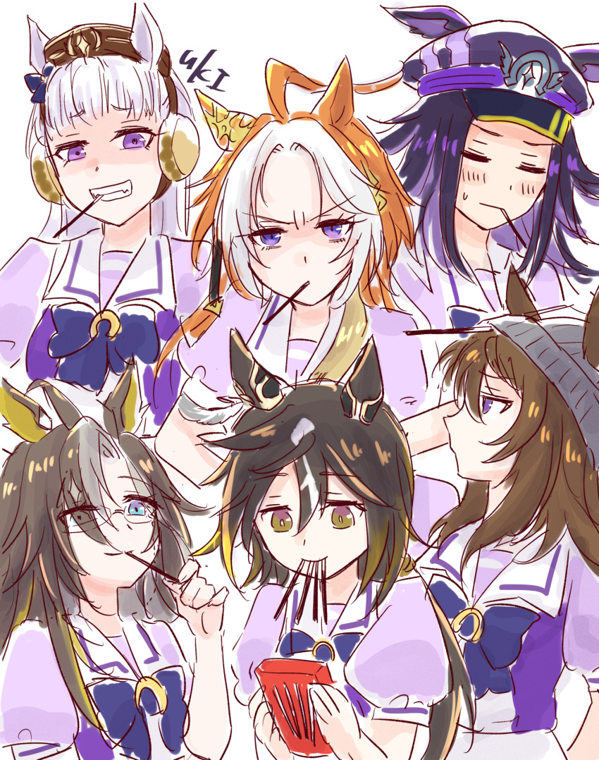 6+girls ahoge animal_ears beanie black_hair blue_eyes blunt_bangs blush bow bowtie breasts brown_eyes brown_hair chocolate closed_eyes closed_mouth dream_journey_(umamusume) ear_bow ear_covers ear_ornament ears_through_headwear fenomeno_(umamusume) flipped_hair food food_in_mouth glasses gold_ship_(umamusume) grey_hair grey_hat hair_between_eyes hat highres holding holding_food holding_pocky horse_ears horse_girl horseshoe_hat_ornament horseshoe_ornament long_hair mouth_hold multicolored_hair multiple_girls nakayama_festa_(umamusume) neru_ika one_eye_closed orange_hair orfevre_(umamusume) peaked_cap pillbox_hat pocky pocky_day pocky_in_mouth ponytail purple_bow purple_bowtie purple_eyes purple_hair purple_shirt sailor_collar sailor_shirt school_uniform shirt simple_background single_ear_cover smile stay_gold_(umamusume) stay_gold_clan_(umamusume) streaked_hair teeth tracen_school_uniform two-tone_hair umamusume upper_body white_background white_hair white_sailor_collar