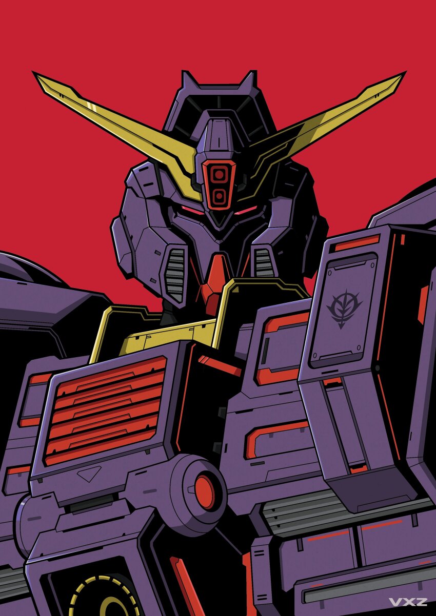 absurdres commentary english_commentary gundam gundam_zz highres looking_at_viewer mecha mecha_focus mobile_suit neo_zeon no_humans psycho_gundam_mk_ii red_background red_eyes robot science_fiction simple_background upper_body v-fin voxiela