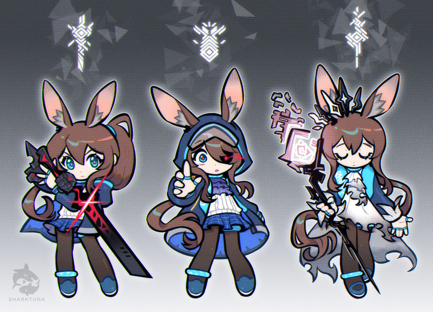 1girl amiya_(arknights) amiya_(guard)_(arknights) amiya_(medic)_(arknights) animal_ears arknights ascot black_pantyhose blue_ascot blue_eyes blue_jacket blue_skirt brown_hair closed_eyes commentary english_commentary hair_over_one_eye holding holding_staff holding_sword holding_weapon hood hood_up jacket long_hair miniskirt open_clothes open_jacket open_mouth pantyhose pleated_skirt rabbit_ears rabbit_girl sharktuna skirt staff sword weapon
