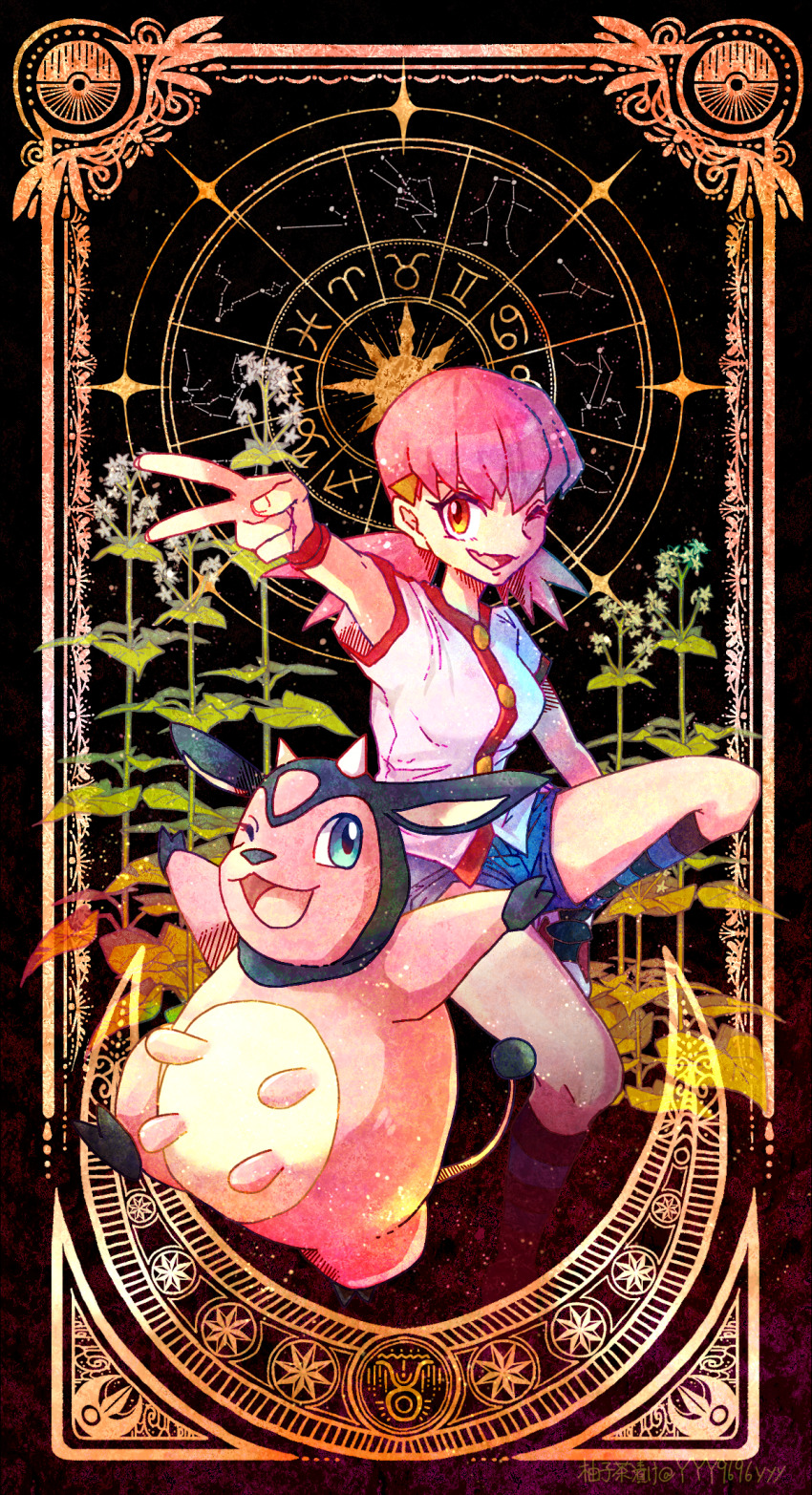 1girl :3 arms_up blue_eyes blue_shorts commentary_request constellation creatures_(company) eyelashes fang game_freak gen_2_pokemon gen_3_pokemon hair_ornament highres kneehighs lunatone miltank nintendo one_eye_closed open_mouth orange_eyes outstretched_arm pink_hair poke_ball_symbol pokemon pokemon_(creature) pokemon_hgss shirt short_shorts short_sleeves shorts skin_fang sky smile socks star_(sky) starry_sky striped_clothes striped_socks twintails v white_shirt whitney_(pokemon) yyy9696yyy zodiac