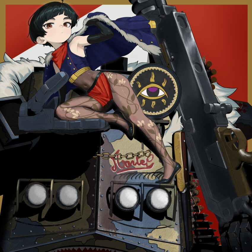 1girl absurdres armored_vehicle black_hair boagnnnnnnn covered_navel crop_top elbow_gloves expressionless flat_chest flats gloves highres jacket jacket_on_shoulders looking_at_viewer original pantyhose red_eyes short_hair solo vehicle_request weapon_request