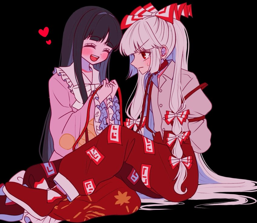 2girls black_background black_hair blush bow closed_eyes commentary footwear_bow fujiwara_no_mokou hair_bow heart highres holding holding_leash houraisan_kaguya leash long_hair multiple_girls ofuda ofuda_on_clothes open_mouth red_eyes simple_background symbol-only_commentary ta_mi_01000 teeth tongue touhou upper_teeth_only very_long_hair white_hair yuri