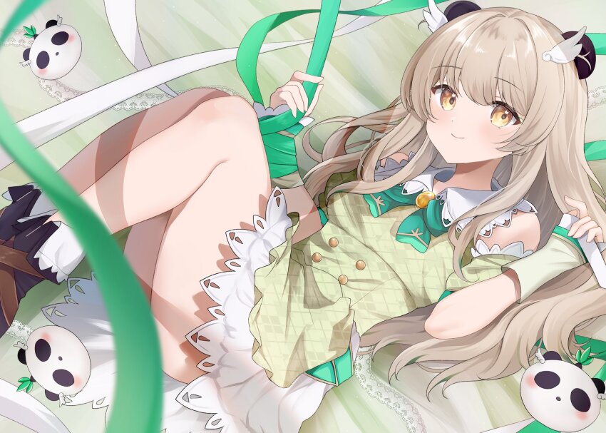 1girl amatsuna_sasaha animal_ears bed blush boots breasts brown_eyes closed_mouth feather_hair_ornament feathers hair_between_eyes hair_ornament highres indie_virtual_youtuber light_brown_hair long_hair looking_at_viewer ribbon small_breasts smile solo virtual_youtuber