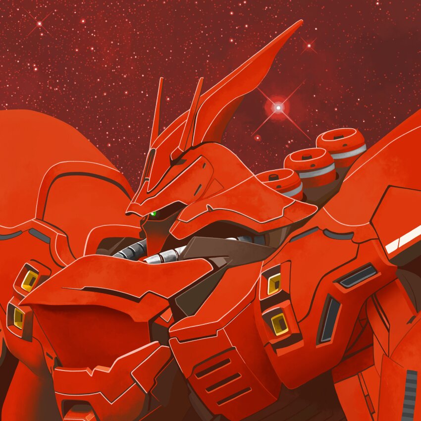 absurdres char&#039;s_counterattack commentary dakota_randall english_commentary funnels_(gundam) green_eyes gundam highres mecha mecha_focus mobile_suit nebula neo_zeon no_humans one-eyed radio_antenna robot sazabi science_fiction solo space star_(sky) upper_body