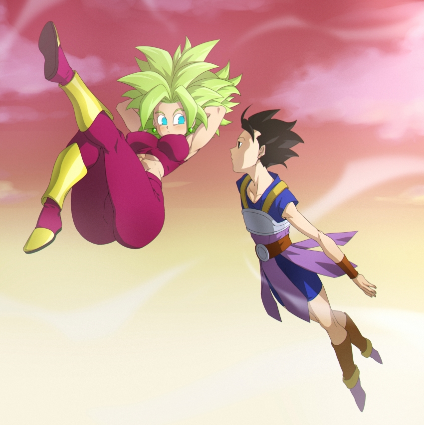 1boy 1girl abs absurdres arms_behind_head ass black_eyes black_hair blonde_hair blue_eyes blush boots breasts cabba cloud cloudy_sky dragon_ball dragon_ball_super earrings flying full_body gold gradient_sky highres jewelry kefla_(dragon_ball) large_breasts leeloo_dallas looking_at_another muscular muscular_female pants potara_earrings serious shoes sky spiked_hair super_saiyan