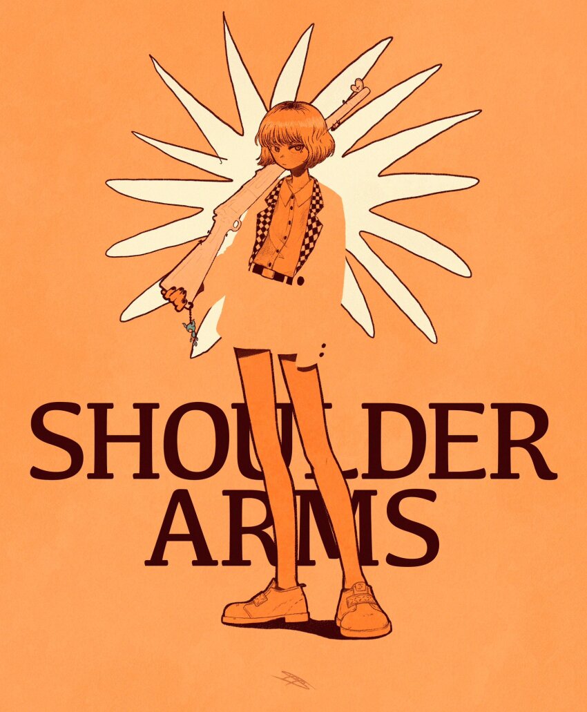 1girl bare_legs belt black_nails blending english_text gun highres holding holding_gun holding_weapon jacket long_sleeves looking_at_viewer monochrome orange_hair orange_shirt orange_shoes orange_theme original shirt shoes short_hair shorts solo syooooyoooo weapon white_jacket white_shorts