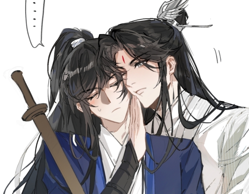 ... 2boys black_hair black_sash blue_hanfu blush cheek_press cheng_qian chinese_clothes closed_eyes closed_mouth elderberrywine grey_eyes hair_ribbon hand_on_another&#039;s_chin hanfu high_ponytail holding holding_sword holding_weapon liu_yao long_hair long_sleeves looking_at_another male_focus motion_lines multiple_boys one_eye_closed ponytail pushing_away ribbon sash simple_background spoken_ellipsis sweatdrop sword tassel topknot upper_body weapon white_background white_hanfu white_ribbon wooden_sword xiao_guan_(headdress) yan_zhengming yaoi