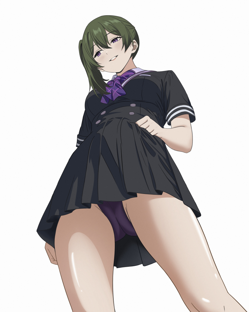 1girl absurdres alternate_costume arms_at_sides black_dress blue_shirt clenched_hands collared_shirt commentary_request contemporary contrapposto cowboy_shot dated_commentary double-parted_bangs dress from_below green_hair grin hair_between_eyes hair_over_shoulder hand_on_own_hip highres jmx_(j_m_x) long_bangs long_hair looking_down neckerchief panties parted_lips plaid_clothes plaid_neckerchief pleated_dress purple_eyes purple_neckerchief purple_panties red_lips shirt short_dress short_sleeves side_ponytail simple_background smile solo sousou_no_frieren ubel_(sousou_no_frieren) underwear upskirt white_background