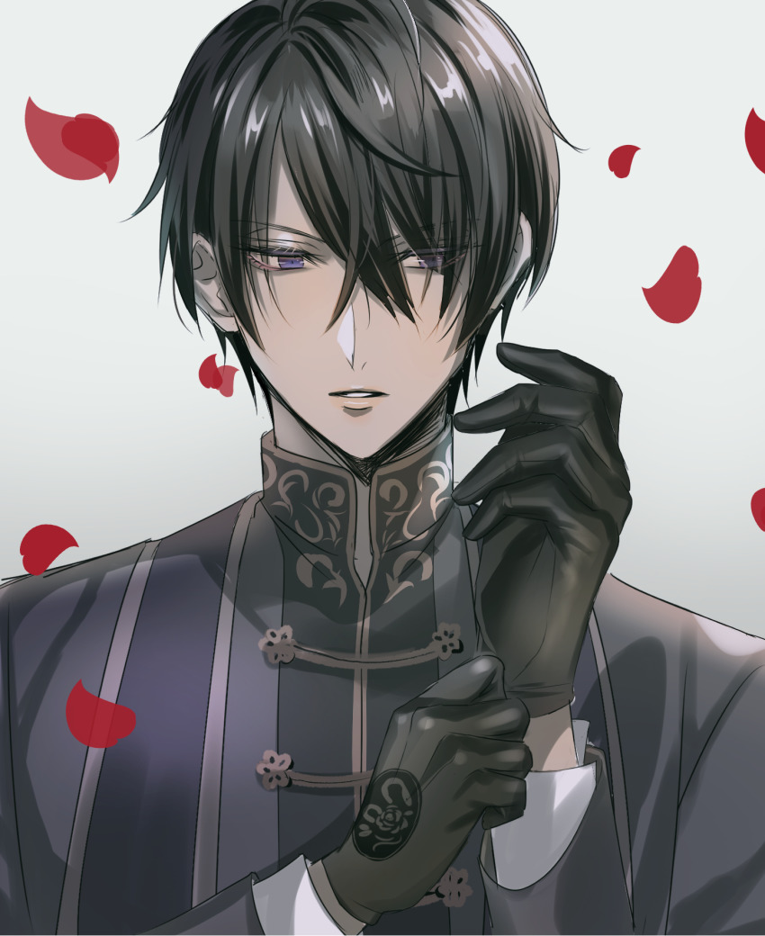 1boy adjusting_clothes adjusting_gloves black_gloves black_hair gloves hair_between_eyes highres ikemen_prince long_sleeves looking_at_viewer male_focus petals purple_eyes sariel_noir short_hair solo upper_body y_(pixiv69889180)