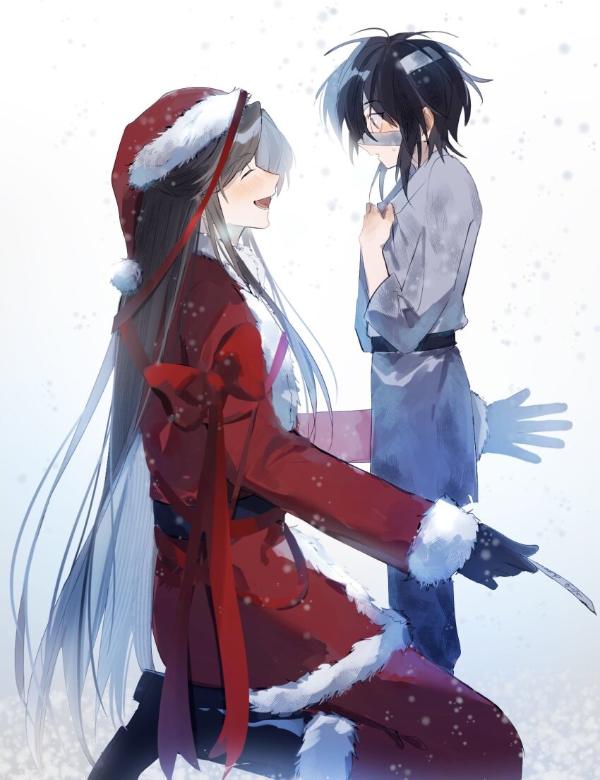 2boys ^_^ aged_down alternate_costume bandage_on_face bandaged_head bandages black_boots black_gloves black_hair blush boots brown_hair child christmas closed_eyes eyepatch from_side fur-trimmed_boots fur-trimmed_headwear fur-trimmed_jacket fur_trim gloves grey_hanfu grey_pants hat highres holding_ofuda hua_cheng_(child) implied_yaoi jacket kneeling long_hair looking_at_another male_focus manjuyawaraka multiple_boys on_one_knee open_mouth pants profile red_eyes red_hat red_jacket red_pants red_ribbon ribbon santa_costume santa_hat short_hair sidelocks smile snow snowing standing sweatdrop third-party_source tianguan_cifu very_long_hair xie_lian