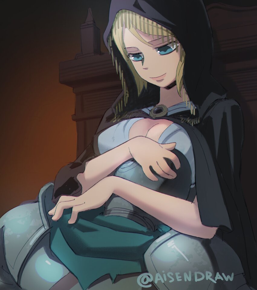 1boy 1girl absurdres aisendraw armor blonde_hair blue_eyes breasts cleavage cloak elden_ring fia_the_deathbed_companion helmet highres hood hooded_cloak hug large_breasts looking_at_another looking_down smile tarnished_(elden_ring) upper_body