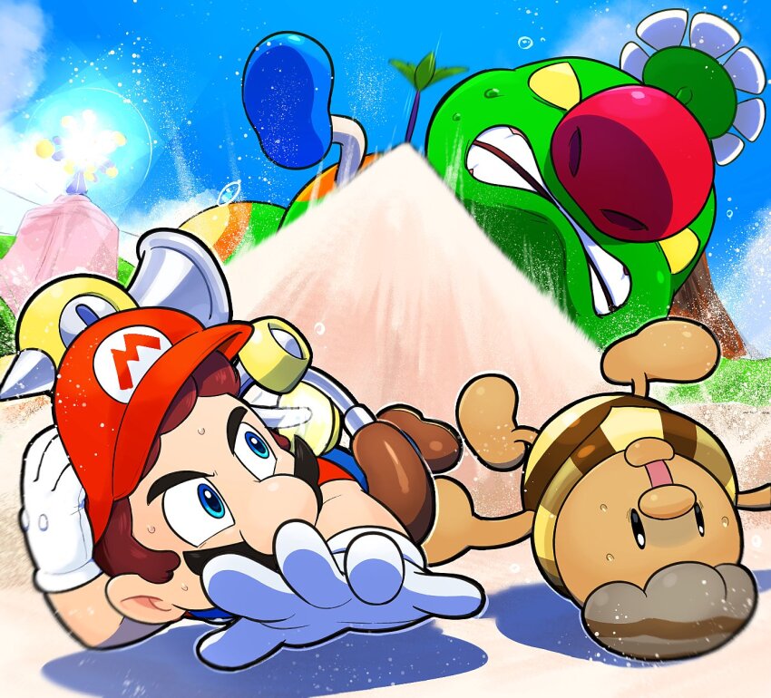 2boys beach blue_eyes brown_footwear brown_hair day f.l.u.d.d. facial_hair gloves hat highres hoshi_(star-name2000) male_focus mario mario_(series) multiple_boys mustache nintendo noki_(mario) open_mouth outdoors red_headwear sand shoes super_mario_sunshine sweat white_gloves wiggler wiggler_(super_mario_sunshine)