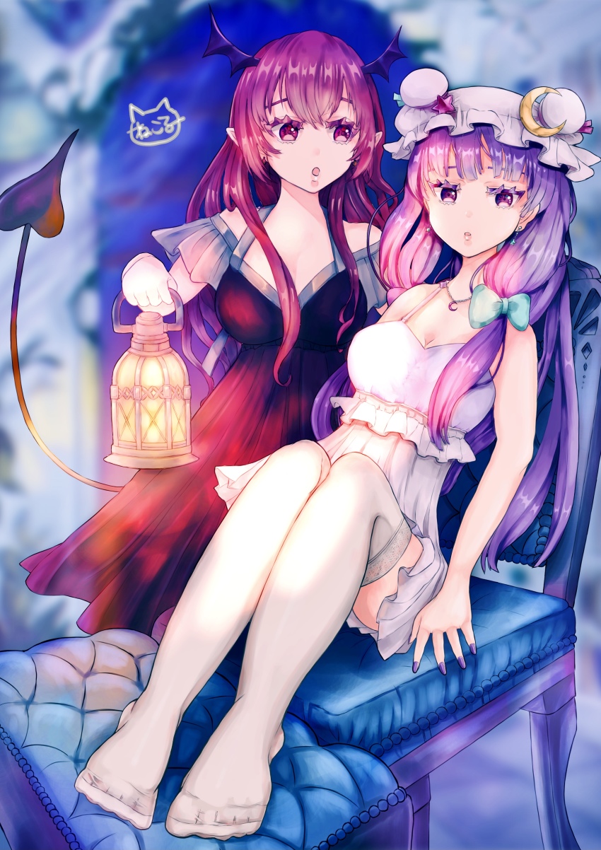 2girls :o absurdres adapted_costume aqua_bow bare_shoulders blunt_bangs blurry blurry_background bow breasts cleavage crescent crescent_hat_ornament demon_tail dress earrings eyebrows_hidden_by_hair floating_earring full_body hair_bow hair_ribbon hat hat_ornament head_wings highres holding holding_lantern jewelry knees_up koakuma lantern long_hair looking_at_another looking_at_viewer medium_breasts mob_cap multiple_girls nail_polish off-shoulder_dress off_shoulder open_mouth patchouli_knowledge purple_eyes purple_hair purple_nails red_eyes red_hair ribbon sidelocks tail thighhighs touhou tress_ribbon tukaima very_long_hair white_legwear wings