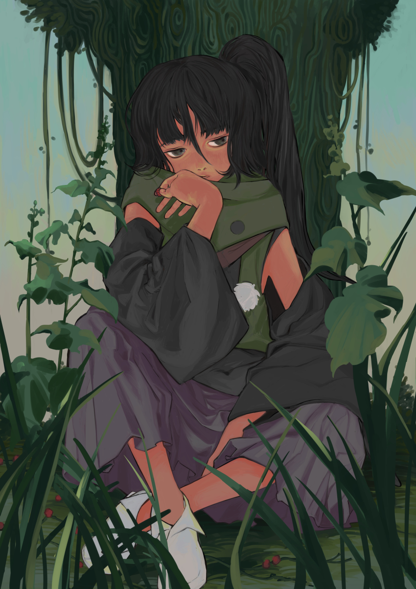 1boy absurdres adagumo_no_yaorochi against_tree akane_victoriano androgynous bare_shoulders black_hair black_shirt black_sleeves blue_sky blunt_bangs bottle_cap bush closed_mouth collared_socks commentary crossed_ankles detached_sleeves double-parted_bangs earthen_miraculous_sword expressionless full_body genderswap genderswap_(otm) grass green_jacket green_scarf grey_eyes hair_between_eyes hakama hakama_pants hand_on_lap hand_on_own_face highres holding jacket japanese_clothes jinbaori leaf len&#039;en lips long_hair long_sleeves looking_to_the_side male_focus nostrils outdoors pants plant pom_pom_(clothes) purple_hakama red_scarf scarf shirt side_ponytail sitting sky sleeveless sleeveless_shirt socks solo sunrise tree under_tree very_long_hair vines white_socks wide_sleeves