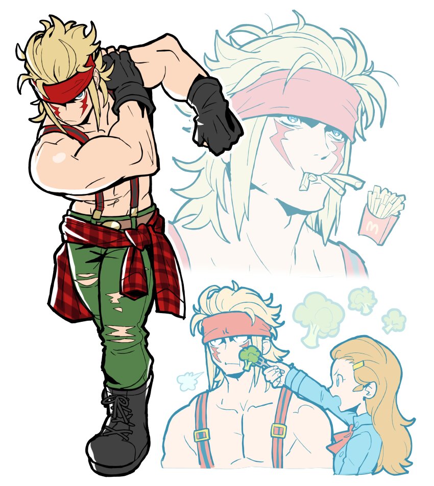1boy 1girl absurdres alex_(street_fighter) ascot bare_arms bare_pectorals belt biceps black_gloves blonde_hair blue_eyes boots broccoli character_request clothes_around_waist combat_boots facial_mark fingerless_gloves food fork french_fries gloves green_pants headband highres holding holding_fork male_focus mcdonald&#039;s multiple_views muscular muscular_male orange_hair pants patricia_(street_fighter) pectorals red_headband sach56000 shirt shirt_around_waist simple_background street_fighter street_fighter_iii_(series) street_fighter_v suspenders torn_clothes torn_pants white_background