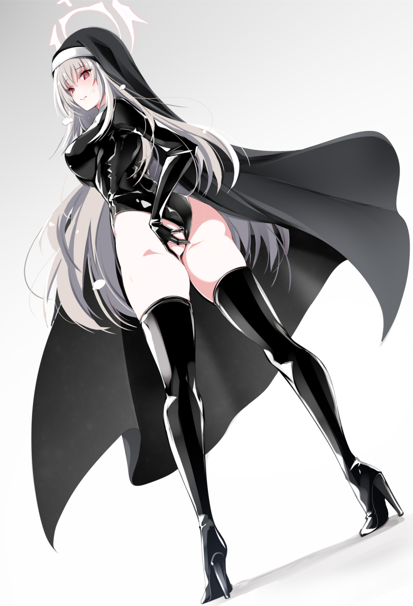 1girl @_@ ass black_boots black_leotard blue_archive blush boots breasts closed_mouth from_side full_body grey_hair habit halo high_heel_boots high_heels highleg highleg_leotard highres justina_follower_(blue_archive) large_breasts latex latex_leotard leotard long_hair long_sleeves looking_at_viewer looking_back mutou_kurihito nun open_mouth purple_eyes sakurako_(blue_archive) solo