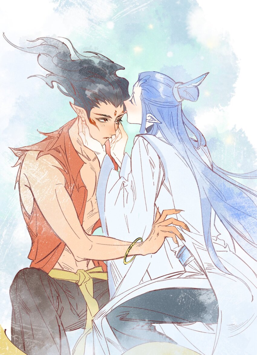 2boys abs ao_bing_(nezha_zhi_motong_jiangshi) black_hair black_pants blue_hair bracelet closed_eyes fingernails highres jewelry kiss long_hair long_sleeves male_focus multiple_boys nezha_(nezha_zhi_motong_jiangshi) nezha_zhi_motong_jiangshi pants pointy_ears profile red_shirt sharp_fingernails shirt sitting tongue torn_clothes wide_sleeves yaoi yinzinmiemie