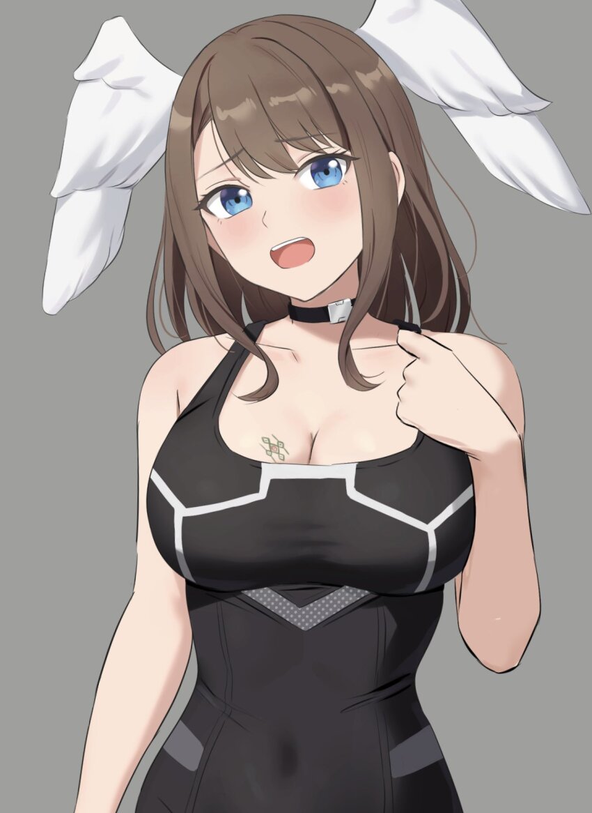 1girl amayo_thranana black_bodysuit black_choker blue_eyes bodysuit breast_tattoo breasts brown_hair choker cleavage collarbone commentary_request covered_navel eunie_(xenoblade) grey_background head_wings highres long_hair medium_breasts open_mouth simple_background solo tattoo teeth upper_teeth_only white_wings wings xenoblade_chronicles_(series) xenoblade_chronicles_3