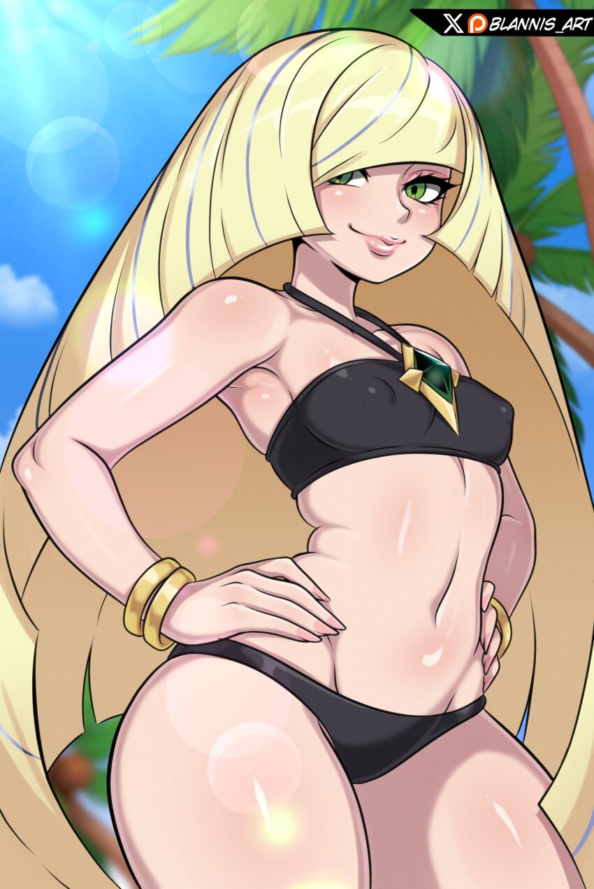 1girl absurdres arched_back artist_name bikini black_bikini blannis blonde_hair blue_sky bracelet breasts closed_mouth collarbone covered_erect_nipples day eyelashes female_focus green_eyes hands_on_own_hips highres jewelry lips long_hair looking_at_viewer looking_to_the_side lusamine_(pokemon) mature_female navel necklace nintendo outdoors pokemon pokemon_(anime) pokemon_sm049 pokemon_sm_(anime) sky small_breasts solo standing sun swimsuit wide_hips