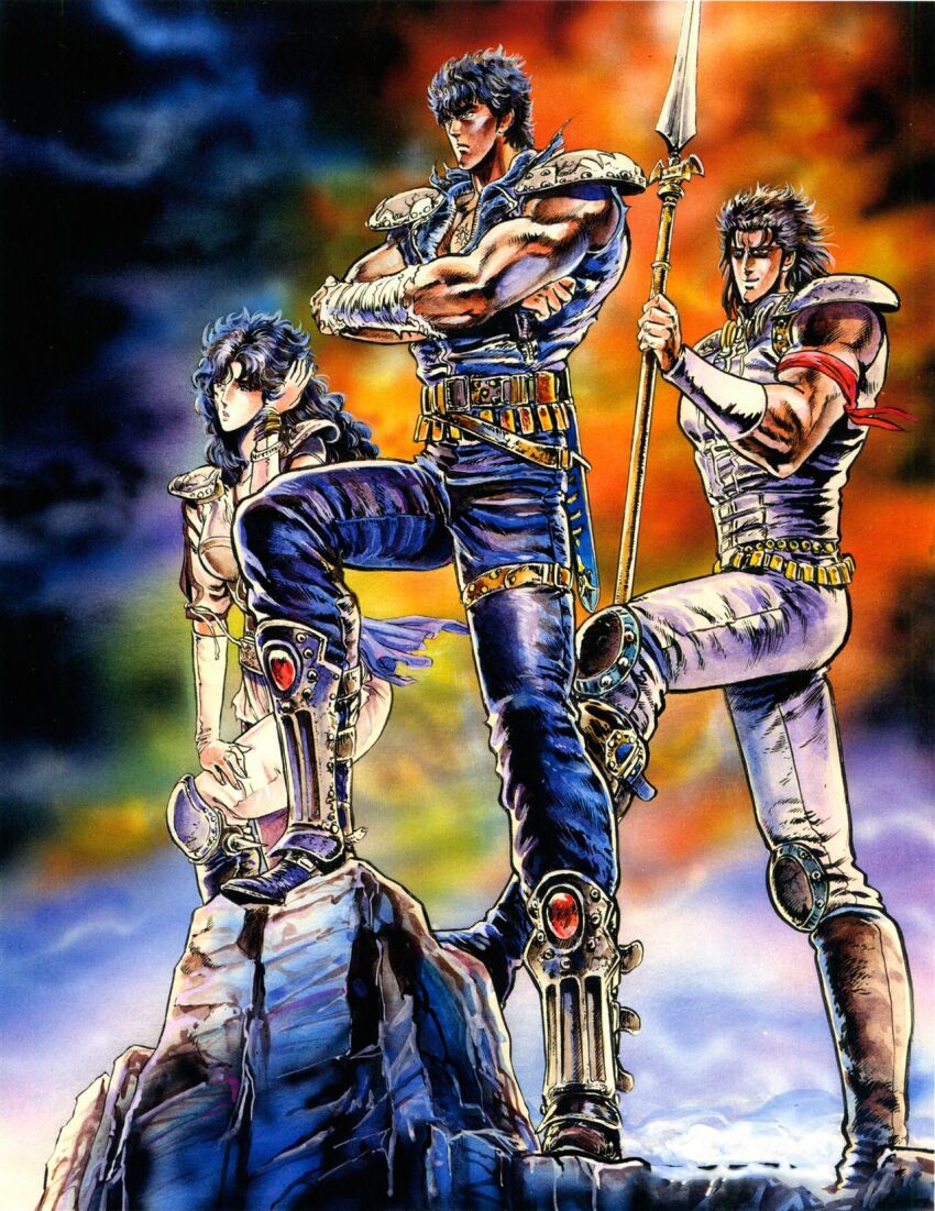 1girl 2boys belt black_hair boots cloud cloudy_sky crossed_arms denim hara_tetsuo highres hokuto_no_ken holding holding_weapon jacket jeans kenshiro knee_pads knee_up long_hair mamiya_(hokuto_no_ken) multiple_boys official_art outdoors pants polearm rei_(hokuto_no_ken) rock short_hair shoulder_pads sky spear standing weapon wristband