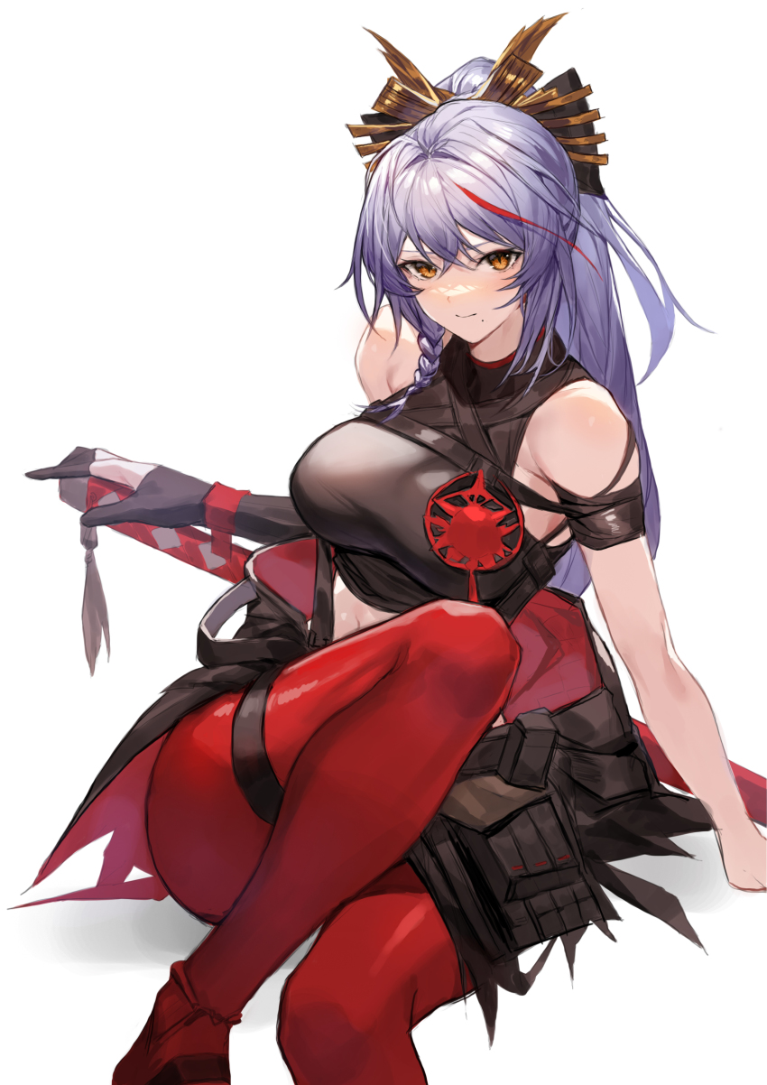 1girl absurdres akafuyu_(arknights) arknights armband bare_arms bare_shoulders black_shirt breasts brown_eyes crop_top highres large_breasts long_hair looking_at_viewer midriff molyb pantyhose purple_hair red_pantyhose shirt simple_background sitting smile solo thigh_strap thighs white_background