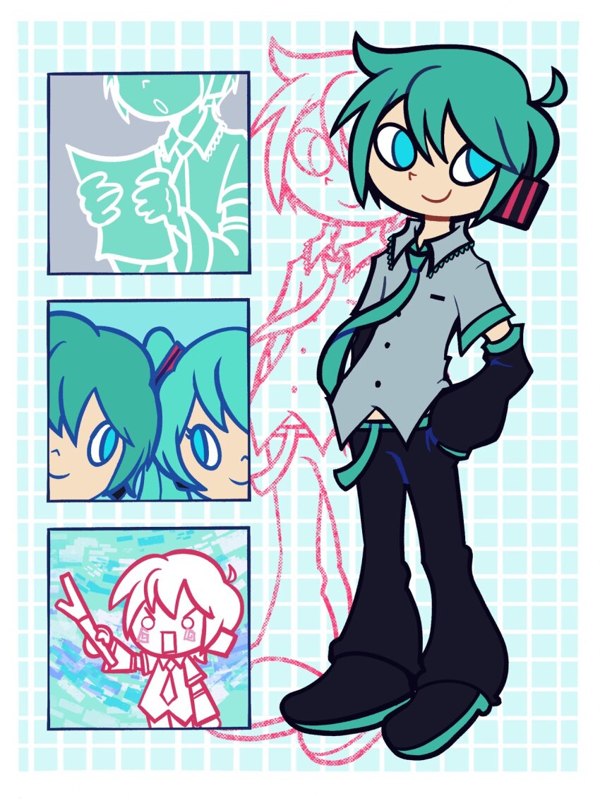 1boy 1girl ahoge aqua_belt aqua_eyes aqua_hair aqua_necktie aqua_trim bemani black_footwear black_pants black_sleeves blue_background border closed_mouth collared_shirt detached_sleeves food genderswap genderswap_(ftm) grey_shirt grid_background hachune_miku hands_in_pockets hatsune_miku hatsune_mikuo headphones highres holding holding_food holding_paper holding_spring_onion holding_vegetable necktie official_style pants paper pop&#039;n_music romaji_commentary sayonarabyebye shirt short_hair smile spring_onion vegetable vocaloid white_border