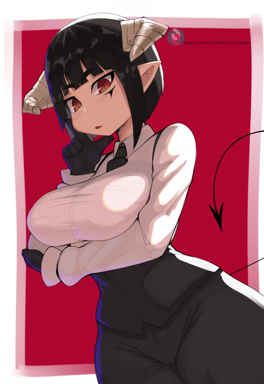 1girl absurdres arms_under_breasts black_gloves black_hair black_necktie black_pants black_vest breasts closed_mouth collared_shirt demon_girl demon_horns facial_mark gloves hand_on_own_face highres hime-sama_&quot;goumon&quot;_no_jikan_desu horns necktie neo_hajime pants pointy_ears red_eyes red_lips shirt short_hair slit_pupils tail torture_tortura vest white_shirt