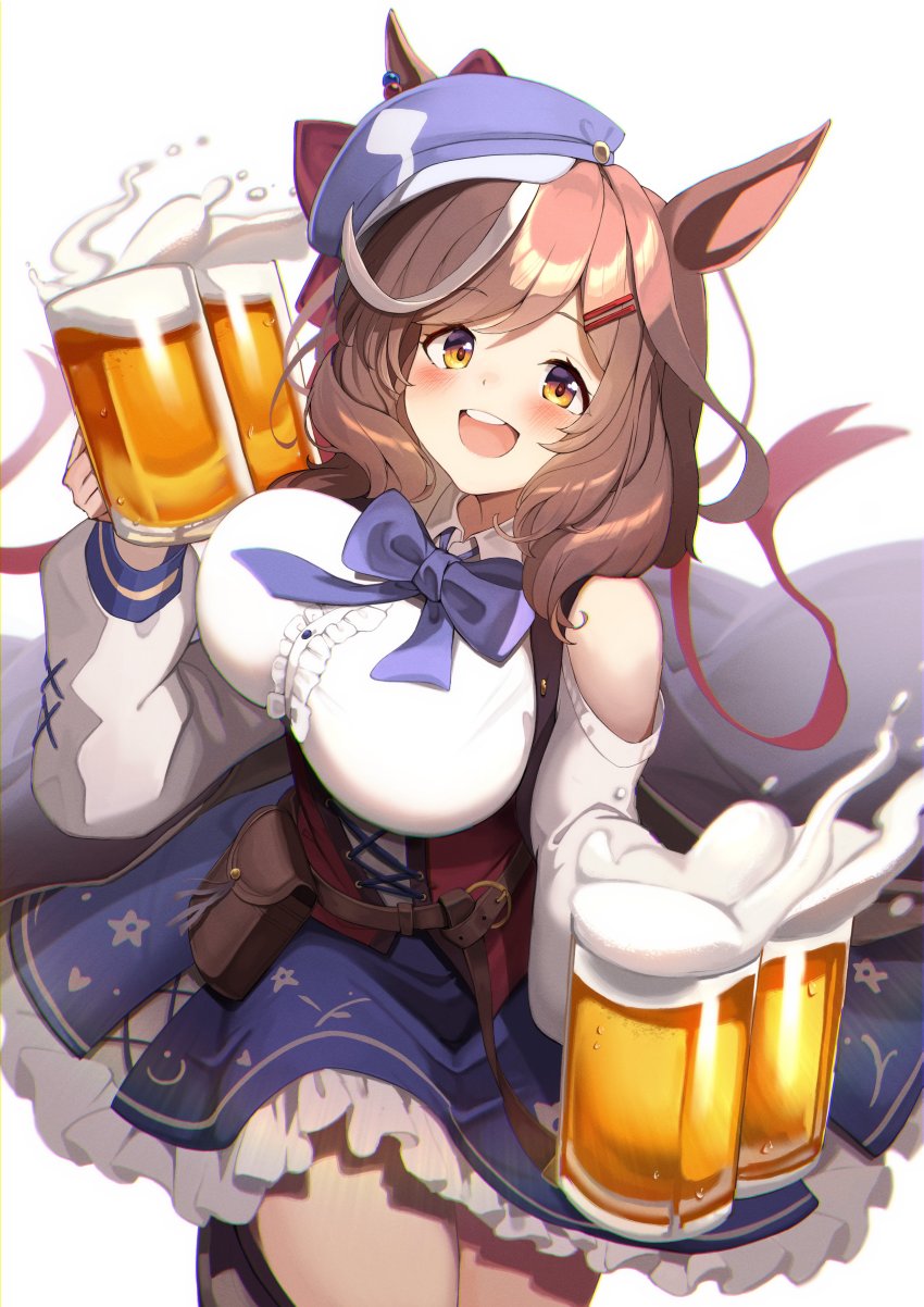 1girl absurdres bad_id bad_twitter_id beer_mug bow bowtie breasts newsboy_cap cup dirndl dress ear_piercing german_clothes hair_ornament hairclip hat highres horse_girl large_breasts matikane_tannhauser_(umamusume) mug piercing simple_background solo tsujiya_okuyasu umamusume white_background yellow_eyes