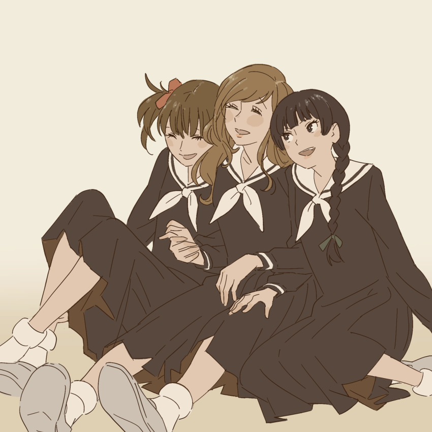 3girls 55bata6rou black_hair black_serafuku black_shirt black_skirt braid brown_hair closed_eyes crossed_ankles fukuzawa_yumi grey_shoes hair_over_shoulder hair_ribbon highres knees_up laughing lillian_girls&#039;_academy_school_uniform long_hair long_sleeves looking_at_another maria-sama_ga_miteru multiple_girls neckerchief open_mouth pleated_skirt ribbon sailor_collar school_uniform serafuku shimazu_yoshino shirt shoes short_hair simple_background sitting skirt smile socks toudou_shimako twintails white_neckerchief white_sailor_collar white_socks