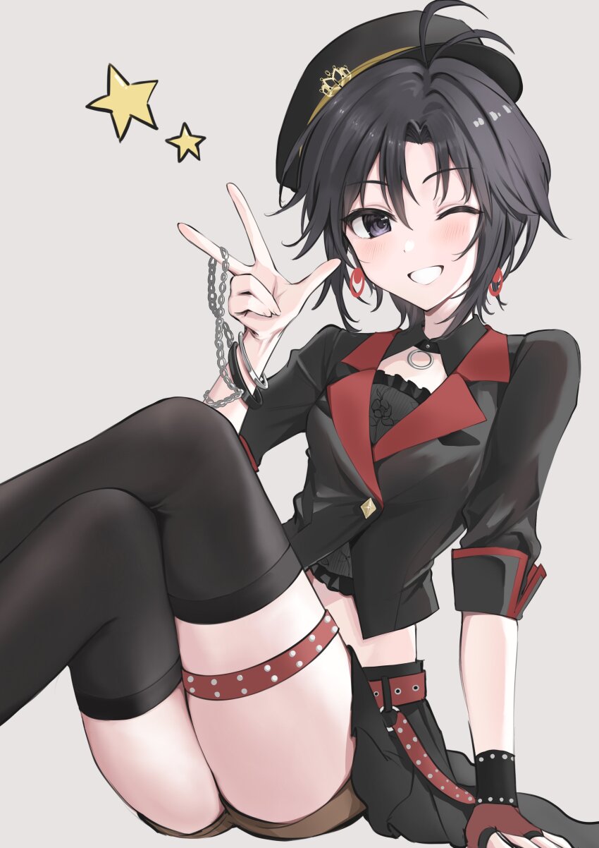 1girl absurdres aburi-gatana antenna_hair belt black_eyes black_hair black_hat black_shirt black_skirt black_thighhighs bracelet earrings fingerless_gloves gloves grey_background grin hand_up hat highres idolmaster idolmaster_(classic) jewelry kikuchi_makoto knees_up looking_at_viewer midriff one_eye_closed red_belt shirt short_hair simple_background single_glove sitting skirt smile solo star_(symbol) studded_thigh_strap thigh_strap thighhighs