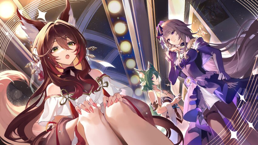 3girls absurdres alternate_costume animal_ears black_pantyhose brown_hair closed_mouth dress fox_ears fox_girl fox_tail fugue_(honkai:_star_rail) green_hair hair_between_eyes hand_on_own_hip herta_(honkai:_star_rail) highres honkai:_star_rail honkai_(series) long_hair long_sleeves looking_at_viewer multiple_girls naroo open_mouth pantyhose purple_dress purple_eyes sitting smile standing tail the_herta_(honkai:_star_rail) the_herta_(star_rail_live_2025)_(honkai:_star_rail) thigh_strap tingyun_(honkai:_star_rail) yellow_eyes yukong_(honkai:_star_rail)