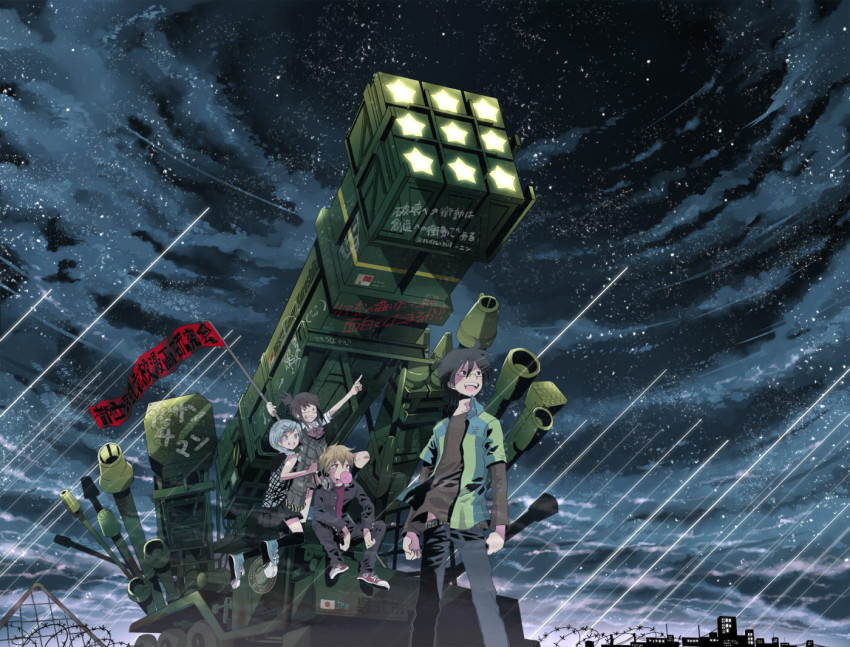 2boys 2girls :d barbed_wire belt black_eyes blazer blonde_hair blowing_bubble_gum blowing_bubbles blue_eyes bow bowtie braid brown_eyes brown_hair chewing_gum city flag gakuran glasses headphones jacket kiyose_akame kneehighs light_purple_hair m1_bazooka meteor military_vehicle missile_vehicle motor_vehicle multiple_boys multiple_girls multiple_rocket_launcher night night_sky open_mouth original outstretched_arm pointing rocket_launcher school_uniform self-propelled_anti-aircraft-gun self-propelled_anti-aircraft_weapon self-propelled_artillery self-propelled_gun self-propelled_rocket_launcher shirt shoes skirt sky smile sneakers socks star_(sky) star_(symbol) starry_sky thighhighs translation_request transporter_erector_launcher weapon