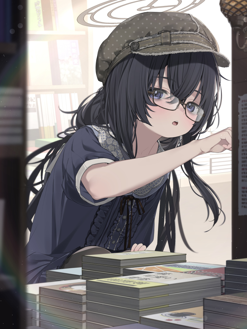 1girl absurdres alternate_costume bags_under_eyes black_dress black_hair blue_archive blue_eyes blush book bookstore brown-framed_eyewear brown_halo brown_hat center_frills commentary_request crossed_bangs dress frills glasses hair_between_eyes halo hat highres indoors long_hair newsboy_cap open_mouth shop short_sleeves solo teeth ui_(blue_archive) upper_teeth_only yoru_uyo