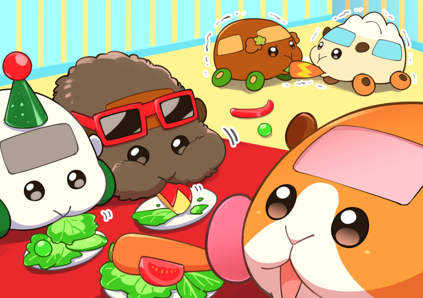 :3 abbey_(pui_pui_molcar) apple_rabbit bell_pepper black_eyes blank_eyes brown_eyes carrot cheek_bulge chewing choco_(pui_pui_molcar) eating eyewear_on_head food food_art fruit grapes lettuce molcar mouth_hold no_humans open_mouth plate potato_(pui_pui_molcar) pui_pui_molcar red-framed_eyewear shiromo_(pui_pui_molcar) sunglasses suzumushi_(tanpopo_cha) teddy_(pui_pui_molcar) tomato trembling