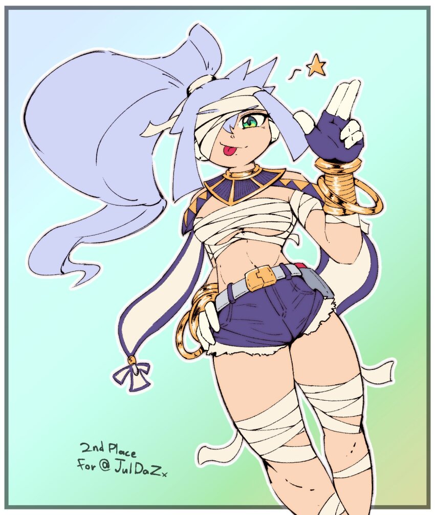 1girl ancient_egyptian_clothes ashe_(mega_man) bandaged_head bandages blue_hair blue_shorts border breasts cowboy_shot denim denim_shorts gradient_background green_eyes high_ponytail highres light_blue_hair long_hair medium_breasts mega_man_(series) mega_man_zx mega_man_zx_advent mummy one_eye_covered ponytail rainbow_background robot_ears salute short_shorts shorts simple_background solo surrealmason tongue tongue_out two-finger_salute white_border
