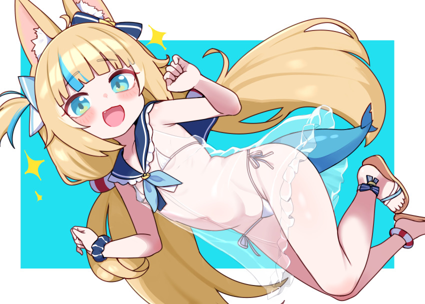 1girl absurdres animal_ear_fluff animal_ears bikini blonde_hair blue_eyes blue_hair blue_sailor_collar blue_scrunchie cat_ears commentary dress fang fins fish_girl fish_tail flat_chest full_body highres indie_virtual_youtuber lifebuoy_hair_ornament lk149 loli long_hair looking_at_viewer low_twintails micro_bikini multicolored_hair navel one_side_up open_mouth sailor_collar sameko_saba sandals scrunchie see-through_clothes see-through_dress side-tie_bikini_bottom smile solo sparkle streaked_hair swimsuit tail toes twintails two-tone_hair very_long_hair white_bikini wrist_scrunchie