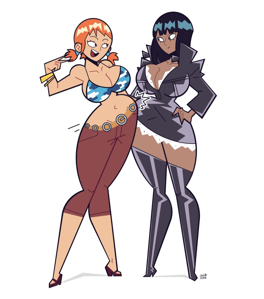 2girls :d absurdres alvaro_gonzalez bangle bare_shoulders belt bikini bikini_top_only black_boots black_dress black_eyes black_hair blue_bikini blunt_bangs boots bracelet breasts brown_pants brown_shoes capri_pants cleavage closed_mouth collarbone contrapposto dark-skinned_female dark_skin dress full_body groin hand_on_own_hip hand_up happy high_collar high_heels highres jacket jewelry large_breasts legs_apart long_hair long_sleeves looking_at_another low_twintails mary_janes midriff multiple_girls nami_(one_piece) nami_(one_piece)_(skypiea) narrow_waist navel nico_robin nico_robin_(water_7) one_piece open_mouth orange_hair pants shadow shoes short_bangs short_dress short_hair short_twintails sidelocks signature simple_background smile standing stomach swimsuit teeth thick_thighs thigh_boots thighhighs thighs tongue twintails upper_teeth_only white_background wide_hips zettai_ryouiki