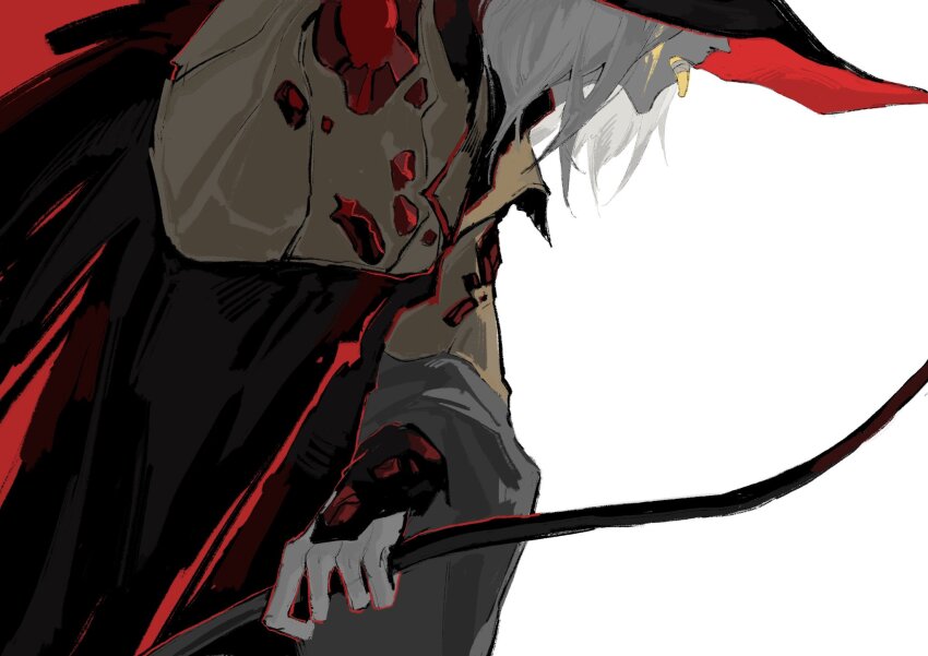 1other character_request colored_skin colored_tongue elden_ring grey_hair grey_skin highres jiao_chang solo wand white_background yellow_blood yellow_tongue