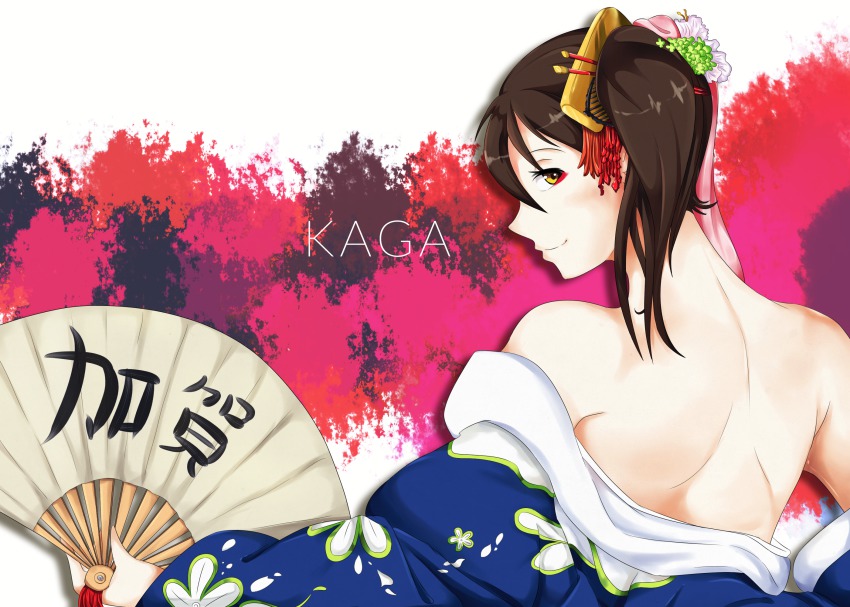 10s 1girl alternate_costume back bare_back bare_shoulders brown_eyes brown_hair character_name enka female_focus folding_fan gradient_background hair_ornament hand_fan highres holding holding_fan japanese_clothes kaga_(kancolle) kantai_collection looking_at_viewer looking_back makeup neck off_shoulder short_hair side_ponytail smile solo upper_body wangphing yellow_eyes