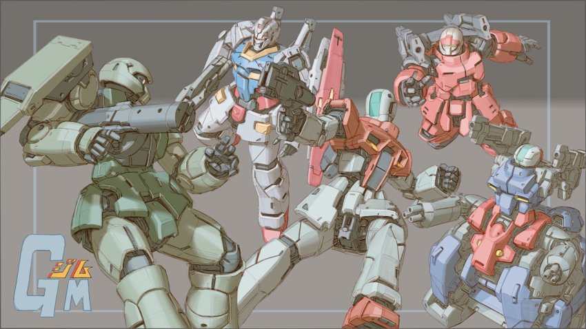 arm_cannon caterpillar_tracks gm_(mobile_suit) green_eyes guncannon gundam guntank kyouno_oyatuwa_udon mecha mobile_suit mobile_suit_gundam no_humans one-eyed open_hand orange_eyes redesign robot rx-78-2_gundam science_fiction shoulder_cannon visor weapon zaku_ii