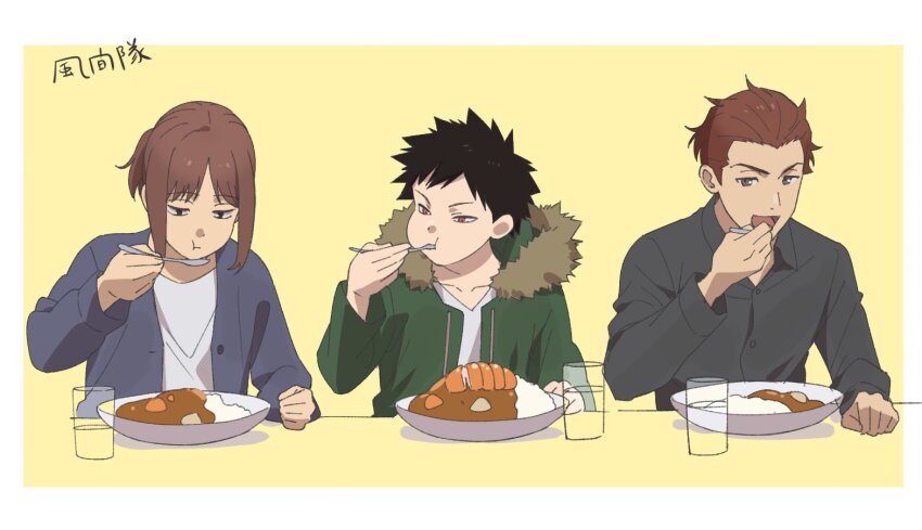 3boys black_eyes black_hair black_shirt blue_shirt brown_hair collared_shirt cup curry curry_rice food green_jacket hand_up holding holding_spoon jacket katsu_curry kazama_souya kikuchihara_shirou long_sleeves male_focus multiple_boys nocchan_chicchi open_mouth ponytail red_eyes rice shirt sidelocks smile spoon upper_body utagawa_ryou_(world_trigger) v-shaped_eyebrows white_shirt world_trigger yellow_background