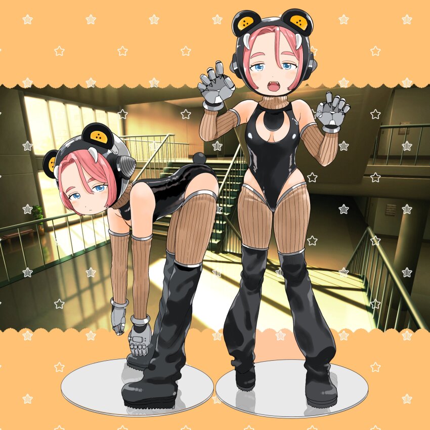 1girl 3d_background absurdres animal_ear_headphones animal_ears bare_shoulders bear_ears bear_tail black_leotard black_thighhighs blue_eyes blush breasts cleavage detached_sleeves dot_nose fake_animal_ears figure figure_stand from_side full_body gloves headphones highleg highleg_leotard highres leaning_forward leotard looking_at_viewer medium_breasts metal_gloves multiple_views nagomurasan open_mouth original puffy_thighhighs red_hair short_hair skin_tight standing tail teeth thighhighs upper_teeth_only